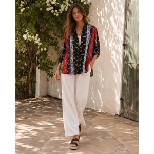 Johnny Was Splendid Seline Silk Tunic Blouse L Crane Patchwork Print NWOT